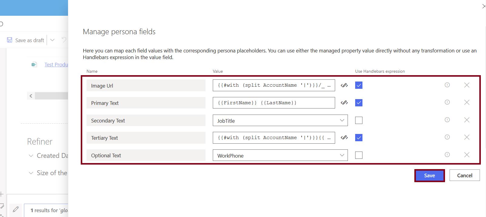 Manage persona fields configuration in modern PnP search result web part, Customize SharePoint search results