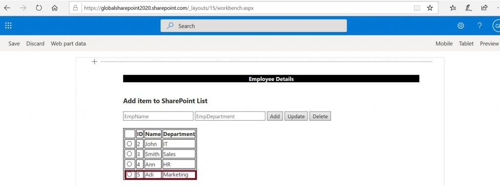 CRUD operations using SPFx and PnP JS in SharePoint Online, Add list item to SharePoint Online employee list - after addition (Read Items)