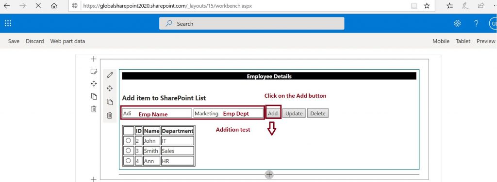 CRUD operations using SPFx and PnP JS in SharePoint Online, Add list item to SharePoint Online employee list - test