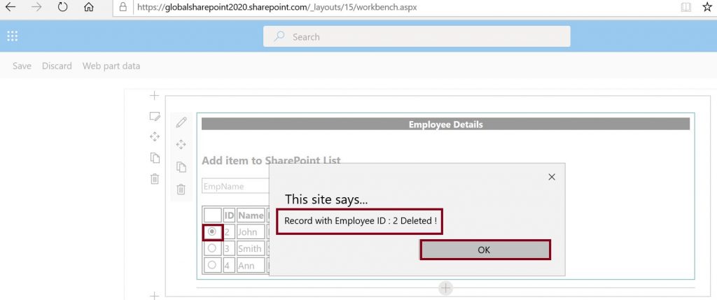 CRUD operations using SPFx and PnP JS in SharePoint Online, Delete item from SharePoint list using PnP JS - test