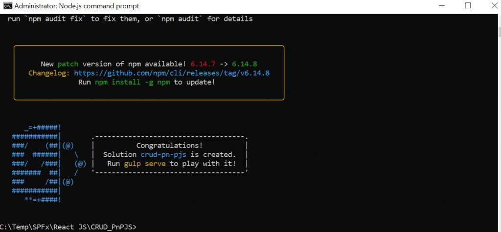 CRUD operations using SPFx and PnP JS, SPFX CRUD PnP JS - Congratulations your solution is created message