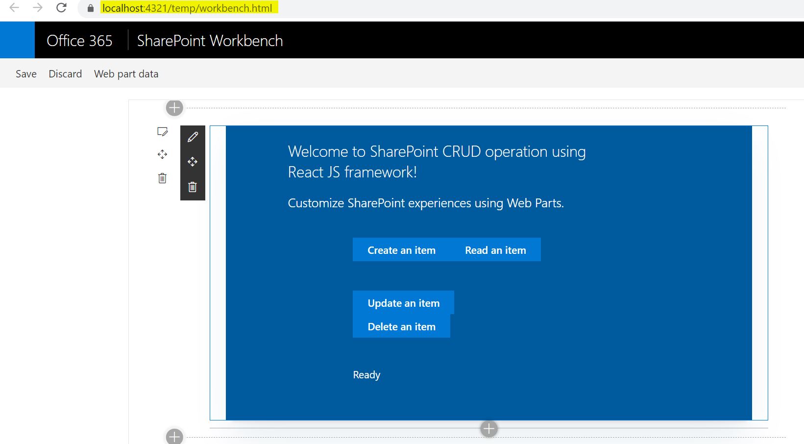 CRUD operation in SharePoint Online list, SPFx Gulp Serve succcessful - office SharePoint Workbench SPFx Runtime test