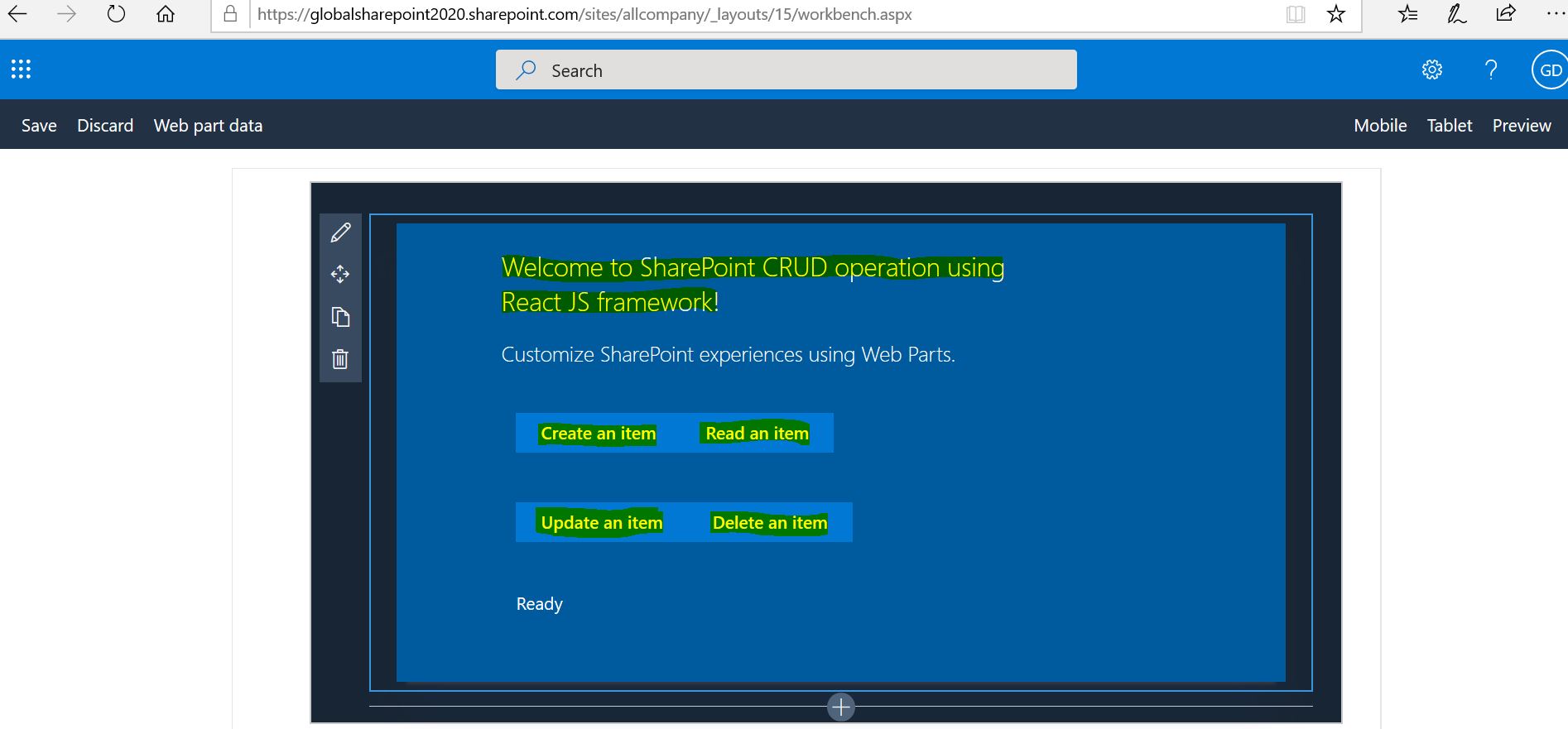 CRUD operation in SharePoint Online list, The React CRUD web part in my edge browser
