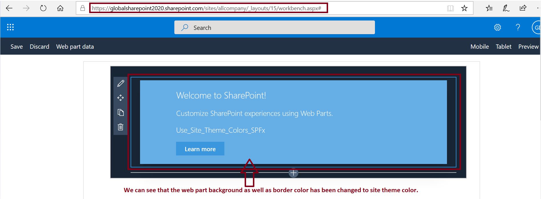 Verification - web part background color has been changed to site theme color in SPFx