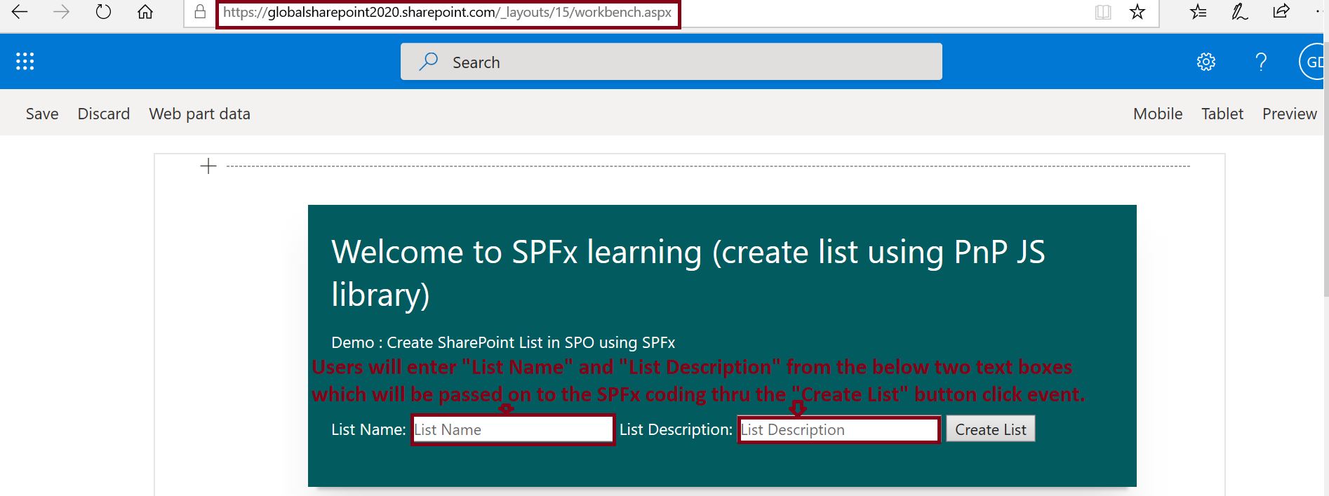 Pass textbox entry in SPFx framework as a parameter - demo