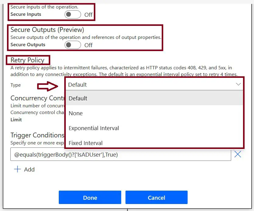 Retry policy configuration in Microsoft Power Automate, conditional trigger power automate