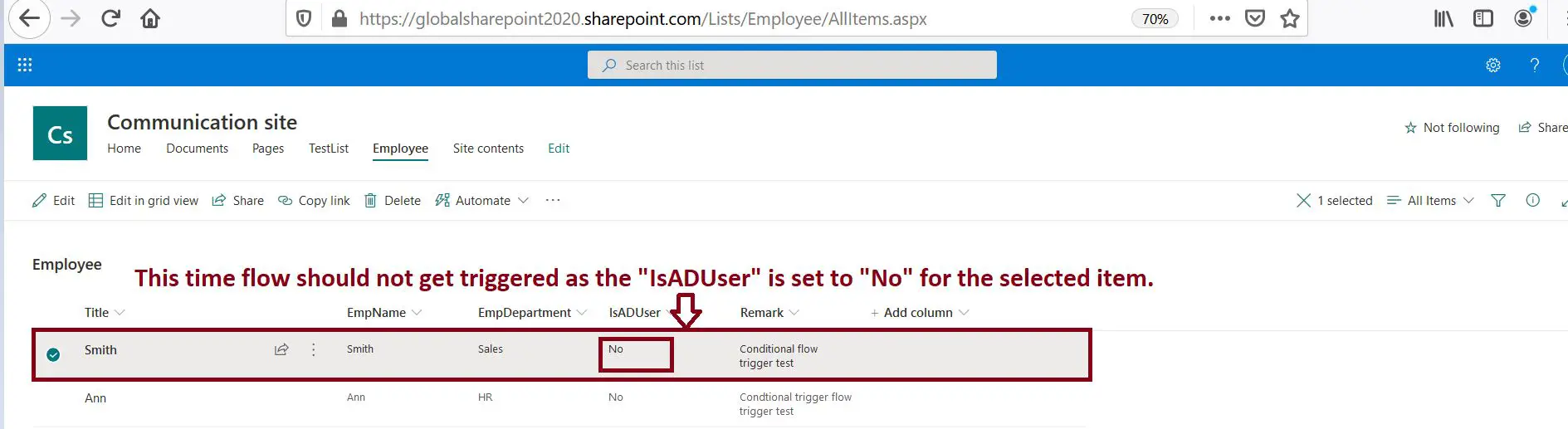 Trigger flow conditionally from SharePoint Online list - negative testing