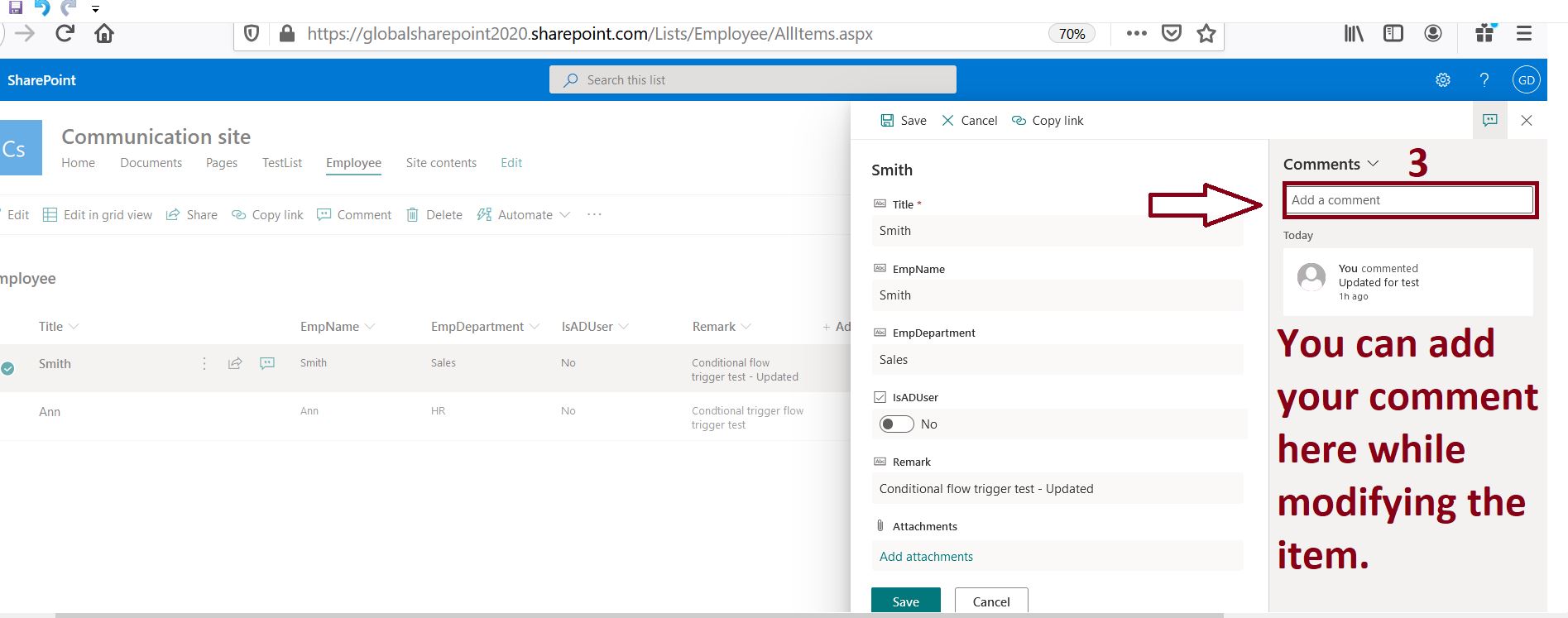Add a comment for SharePoint Online list item modification