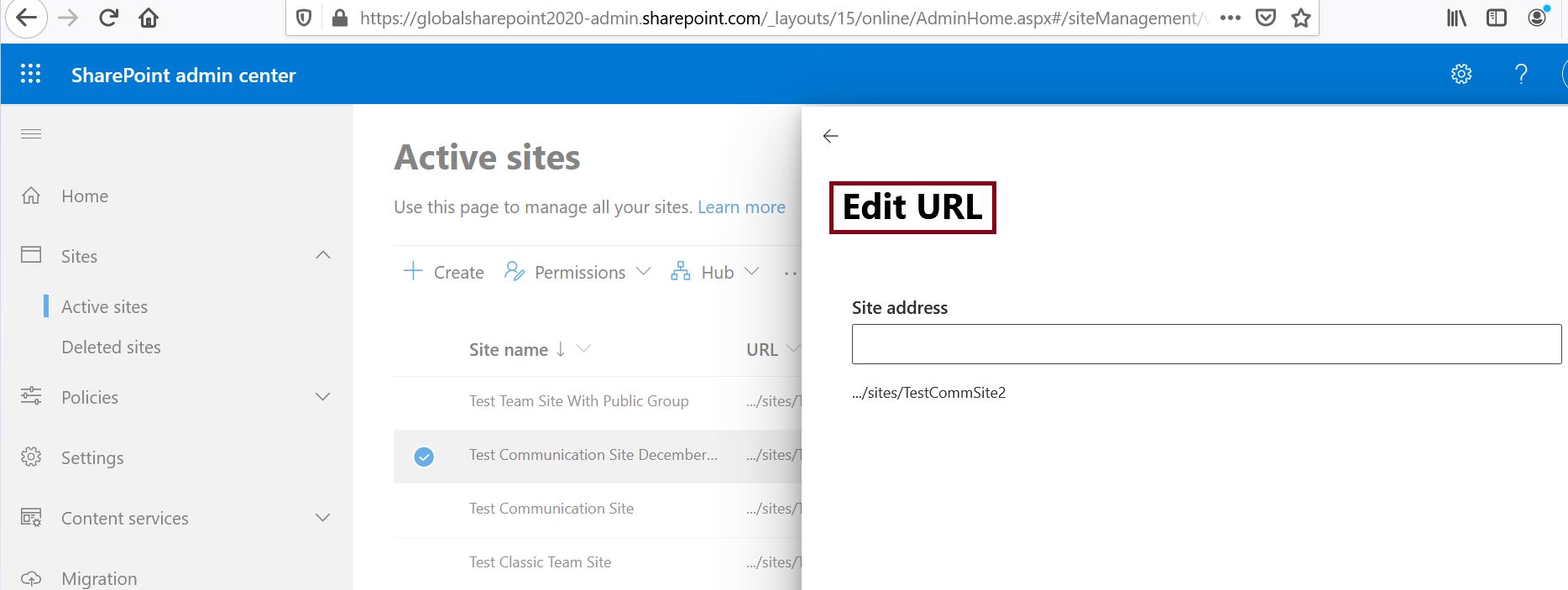 Edit URL in SharePoint Online from SharePoint admin center