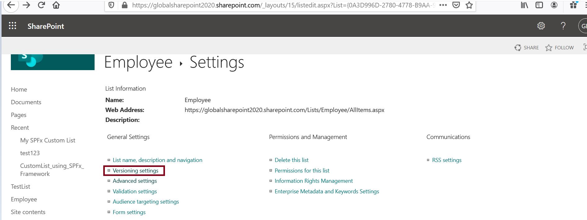 Enable versioning settings in the SharePoint list