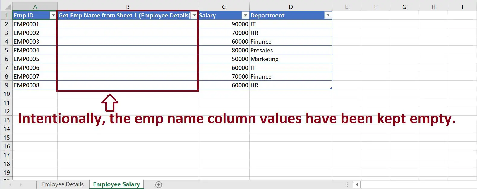 Get employee name value from another sheet automatically in excel