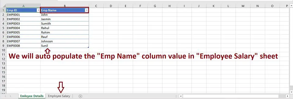 Get value from one excel sheet to another sheet automatically - Employee Details Table