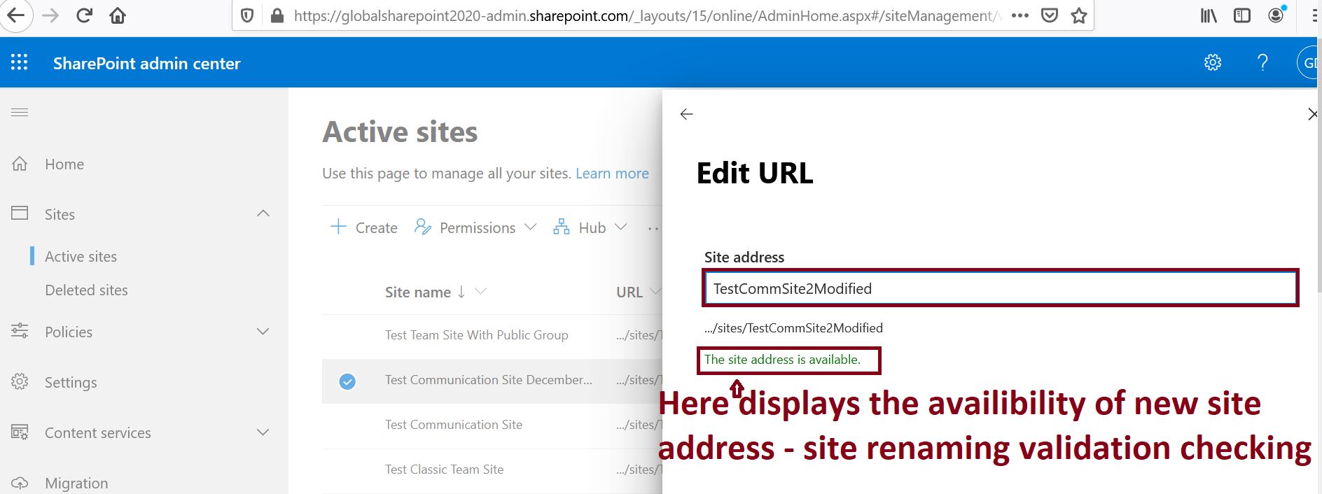 Site renaming validation while editing the site URL in SharePoint Online