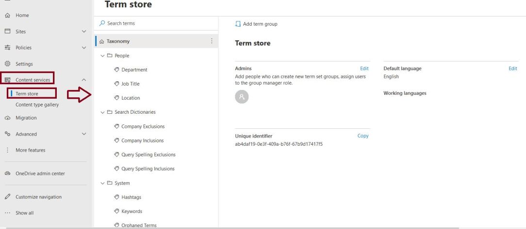 Term Store in SharePoint Admin Center Content Services