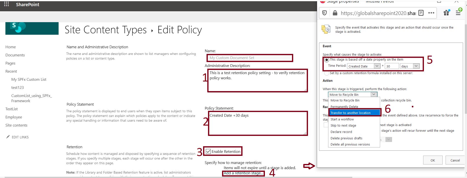 Add retention policy statement configuration in SharePoint Online content type