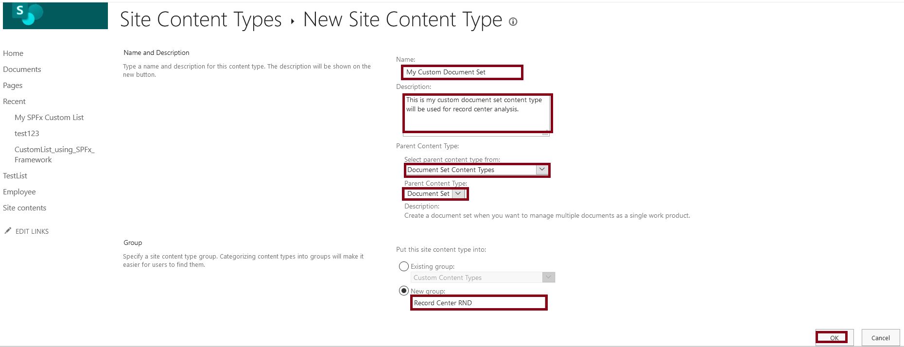 Create document set content type in SharePoint Online