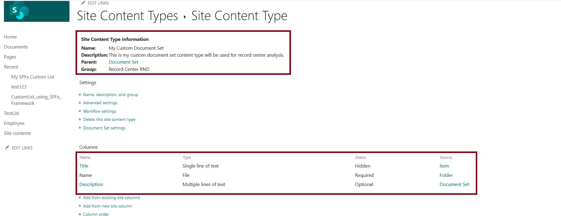 Document set content type settings in SharePoint Online
