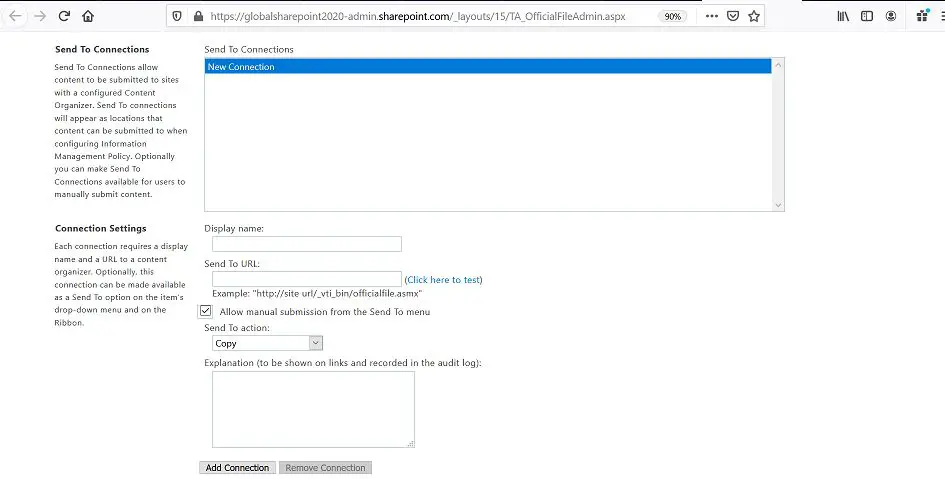 Send to connections in SharePoint Online records management
