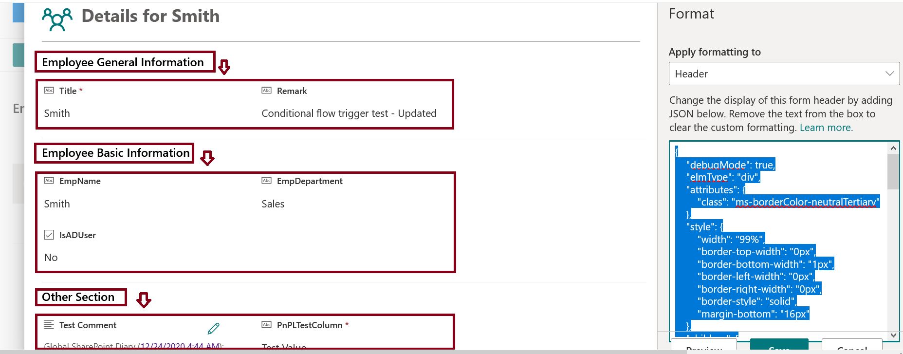 Using JSON add section and customize the SharePoint Online list form