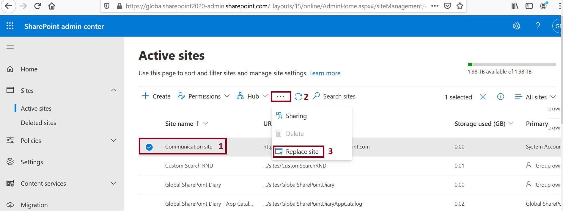 Replace site in SharePoint admin center