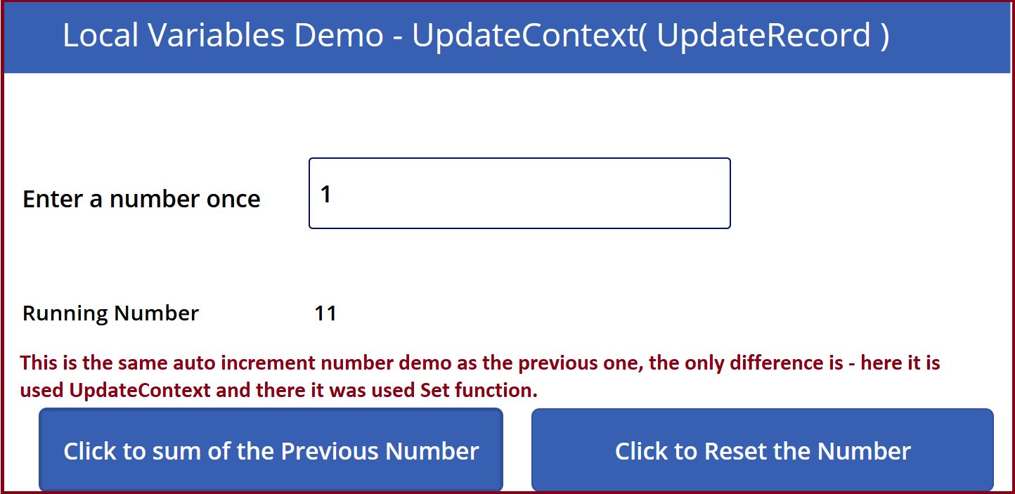 Auto increment number in PowerApps using the UpdateContext function demo