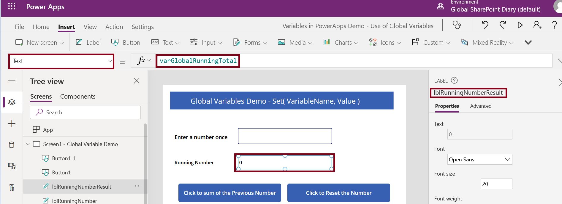 Auto increment number in PowerApps using the global set function
