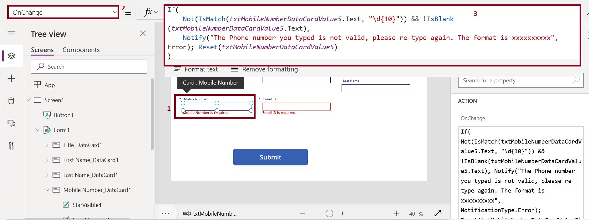 Mobile number validation formula in PowerApps