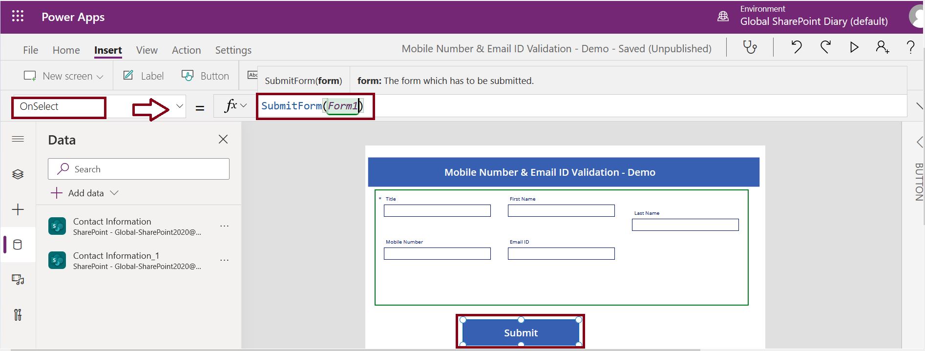 Submit form data to SharePoint Online list from PowerApps using the SubmitForm function