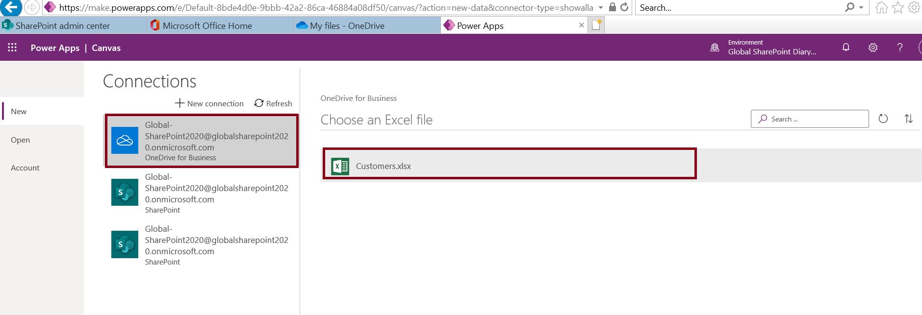 Choose an excel file from OneDrive connection in PowerApps