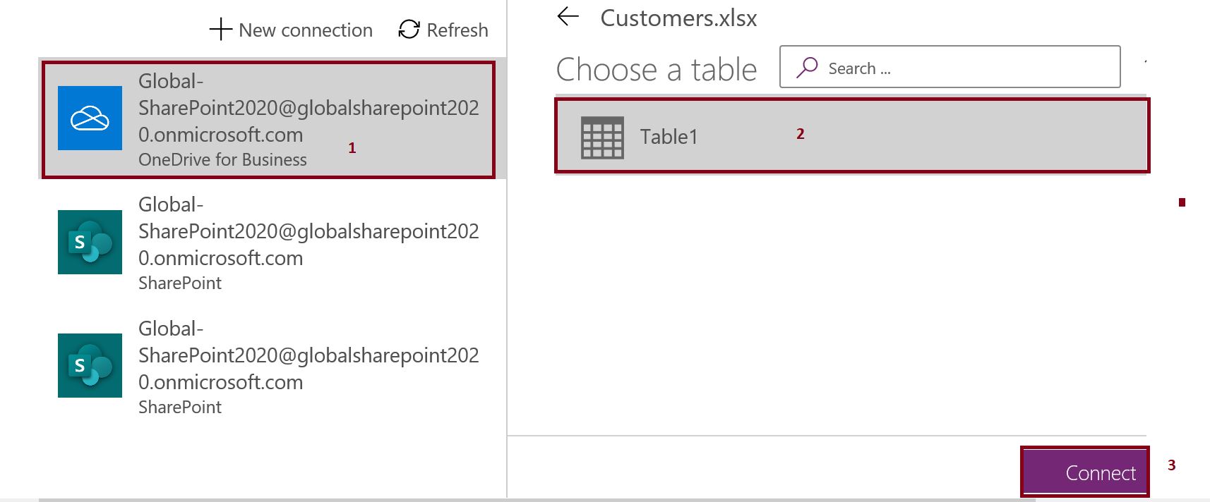 Choose table in OneDrive for Business excel for PowerApps