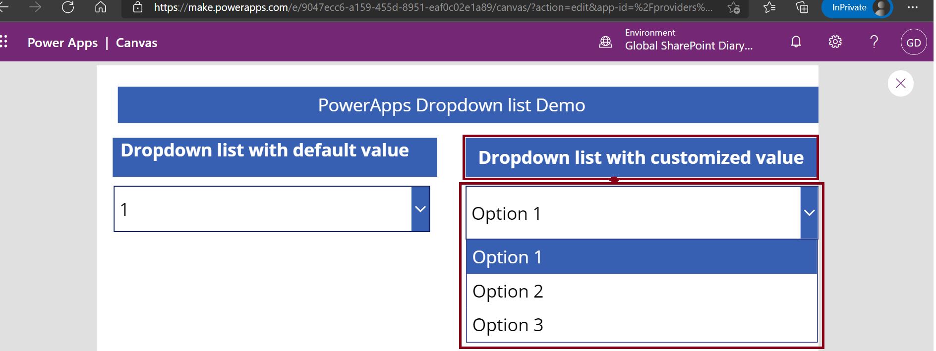 Custom option value in PowerApps dropdown list