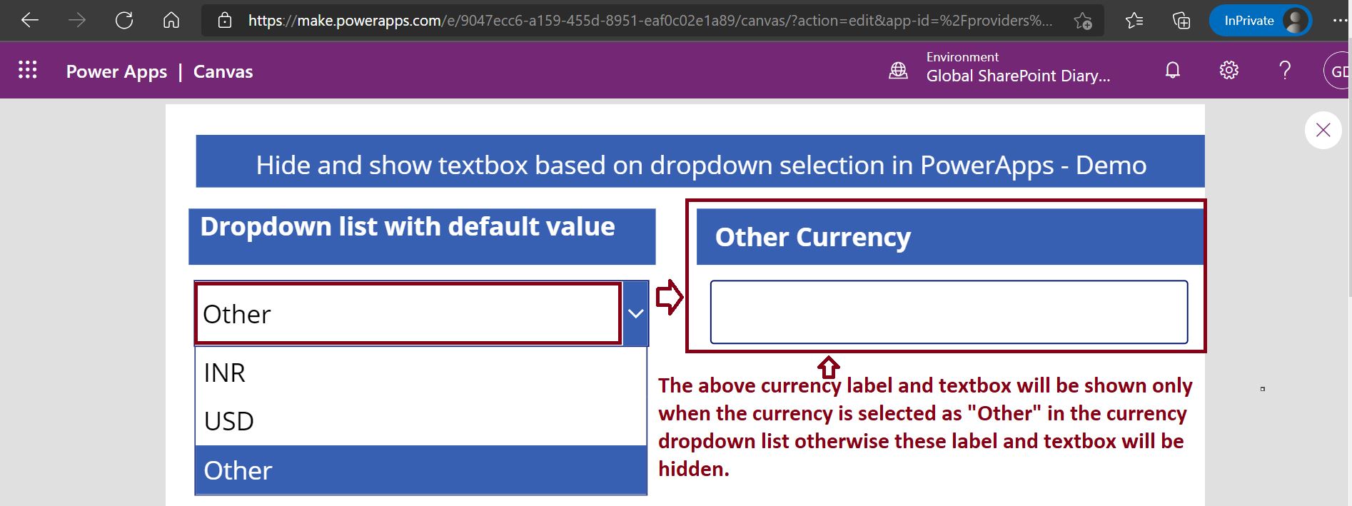 Hide and show textbox based on the dropdown list selection in PowerApps - demo