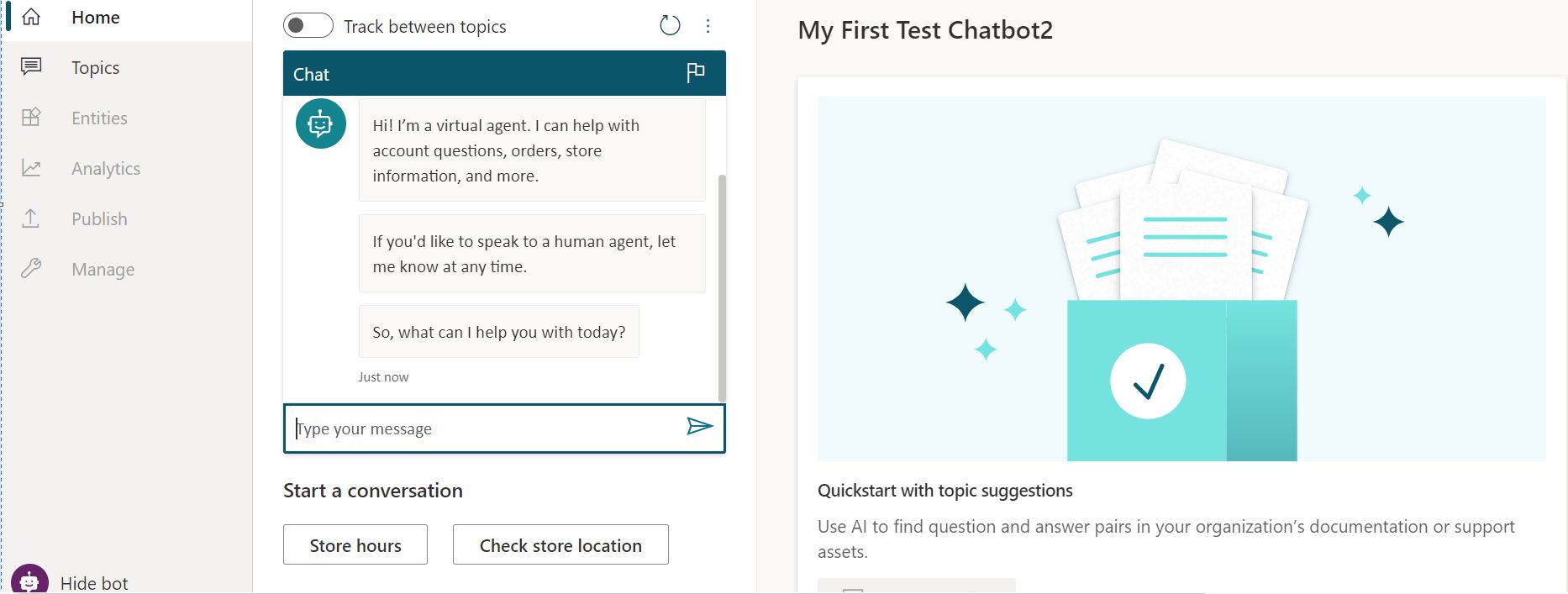 Create your own chatbot - Test your chatbot from Power Virtual Agents - Demo