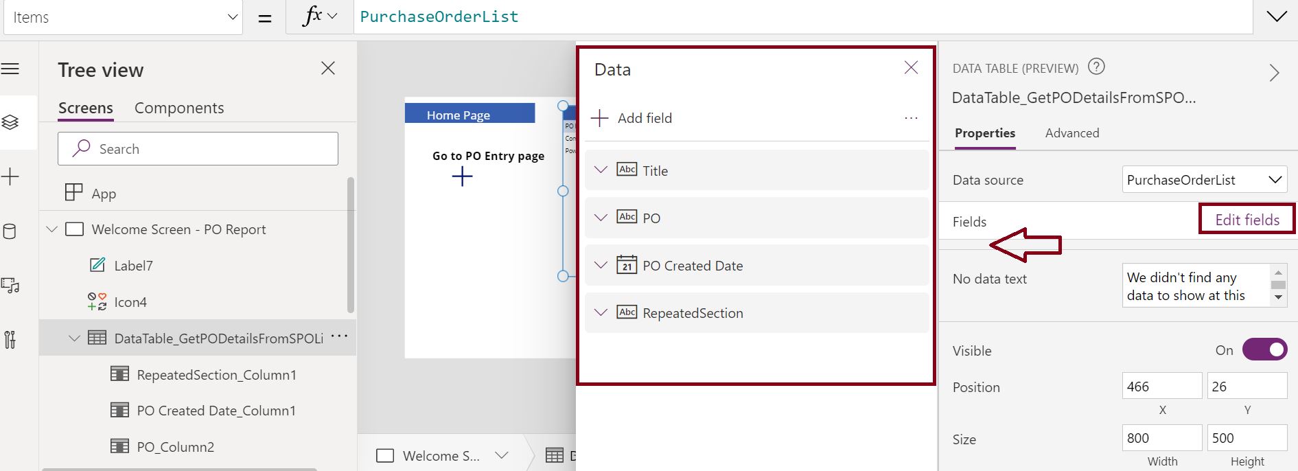 Edit fields in PowerApps datatable control
