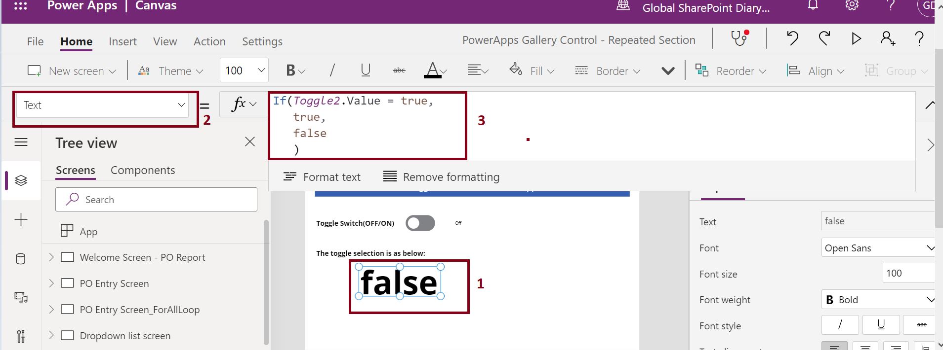 PowerApps toggle control enabled or disabled formula