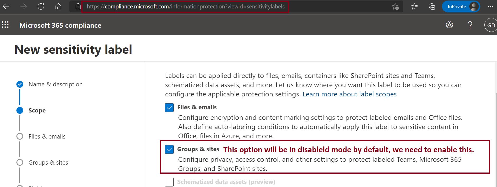 Groups and Sites are in disabled mode in compliance center