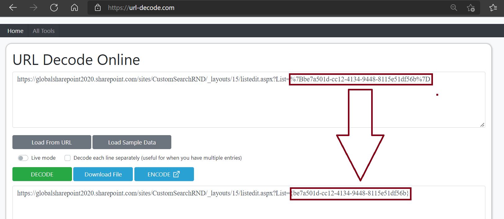 Decode SharePoint URL using the online decoder-encoder tool