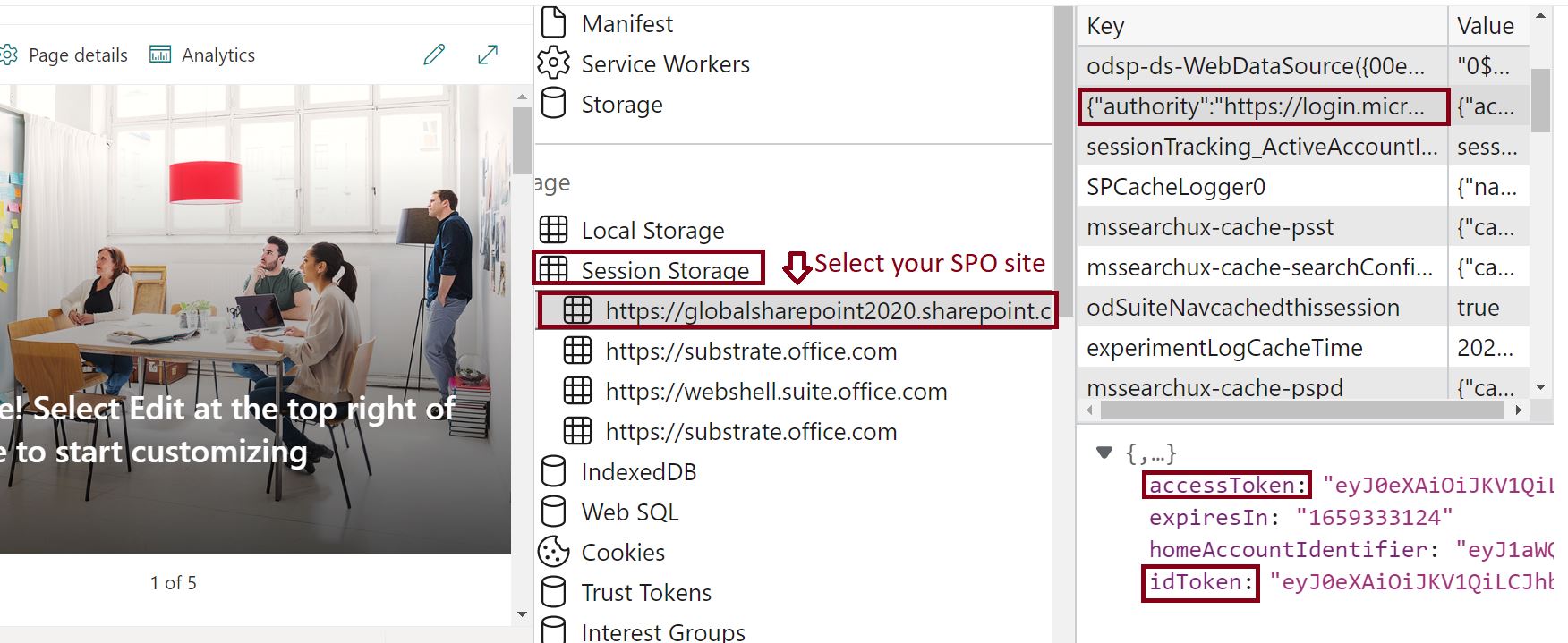 How to get Bearer Token in SharePoint Online site using the session storage node