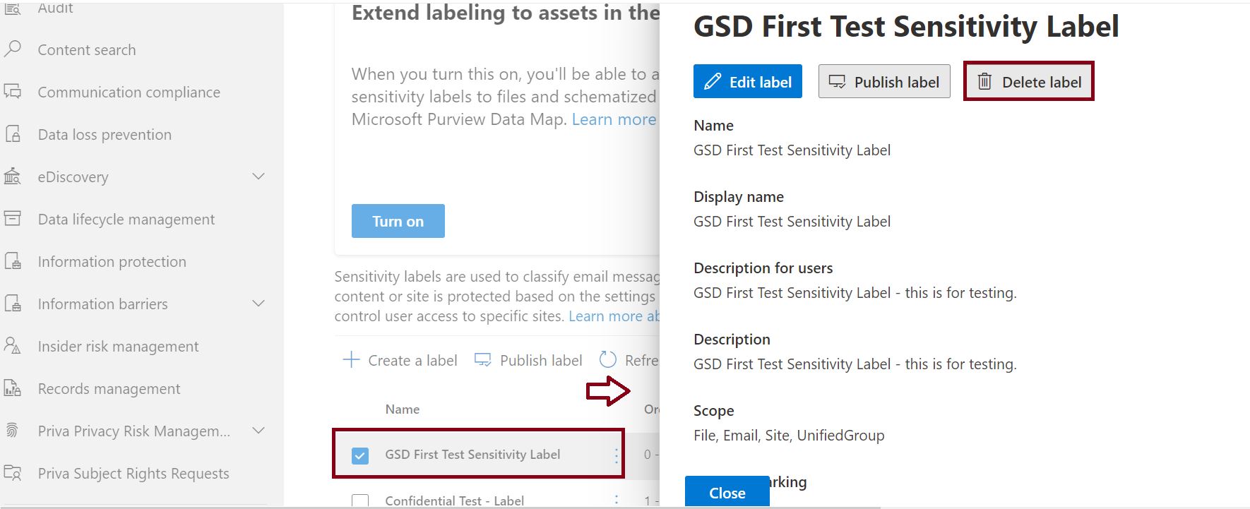 Delete sensitivity label from the compliance center label dashboard