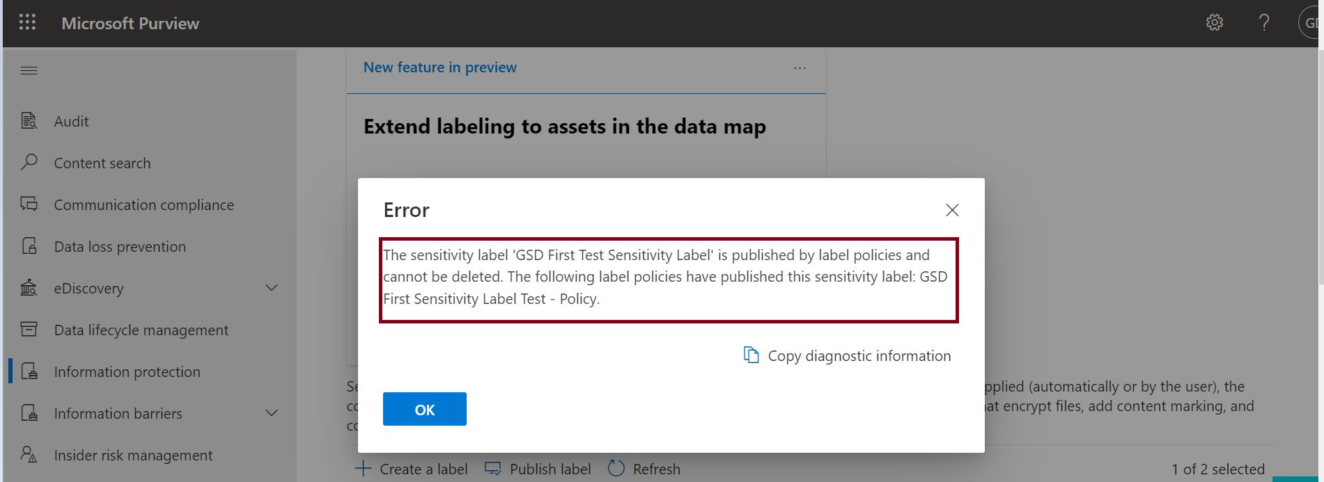 Error in deleting sensitivity label from the compliance center