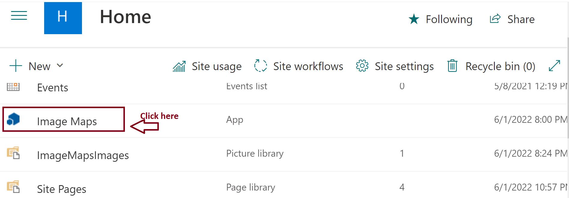 Open Image Maps App from the SharePoint Online site content page
