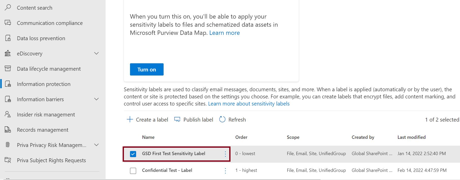 SharePoint sensitivity labels - Steps to delete a sensitivity label from the compliance center