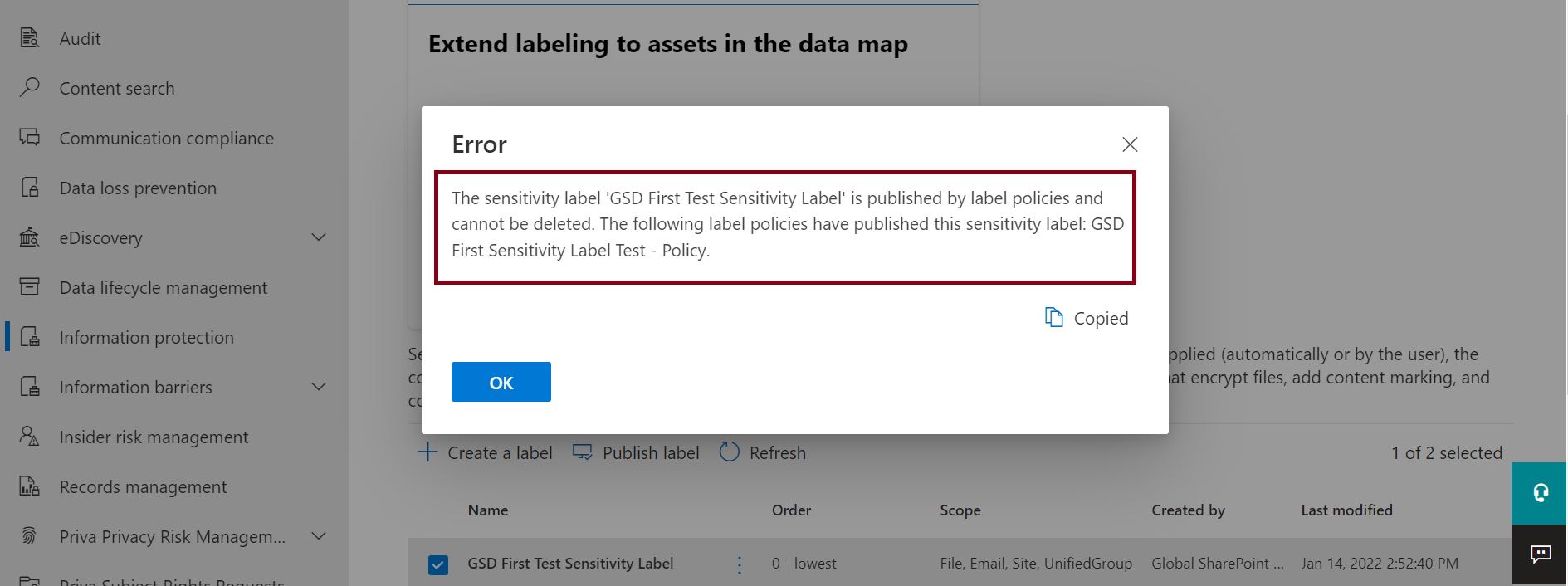 SharePoint sensitivity labels - the sensitivity label is published by label policies and cannot be deleted error