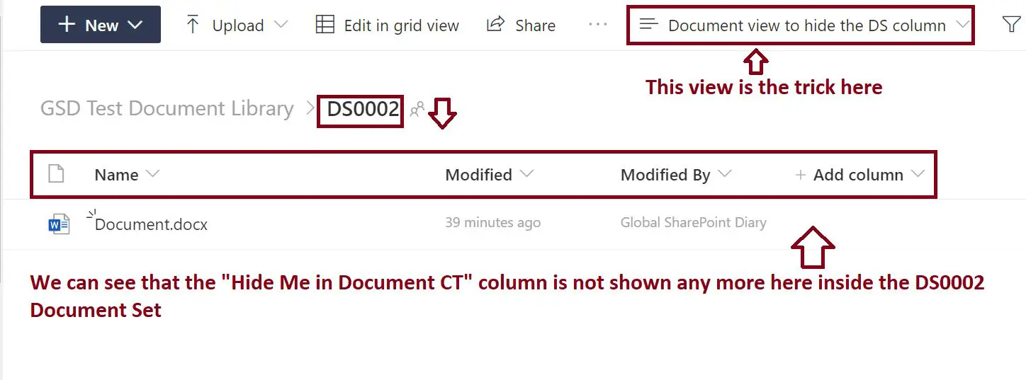 Show column only on Document Set level and hide them inside document in SharePoint Online