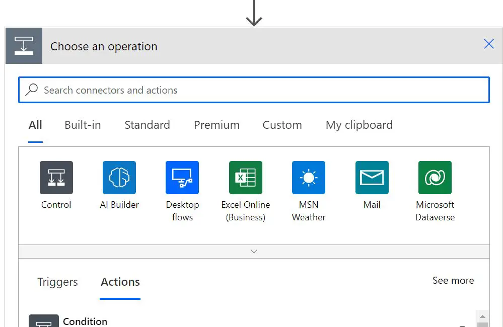 Choose an operation from add an action link in Power Automate