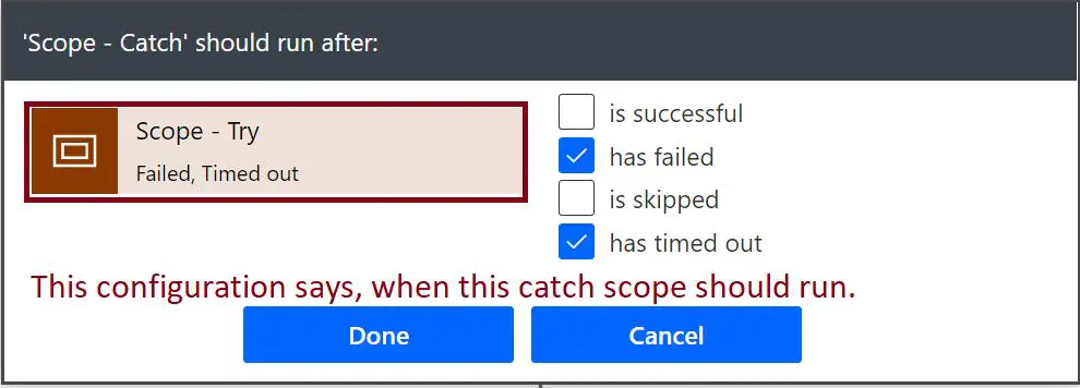 Configure Run After settings, scope try failed timed out in Power Automate