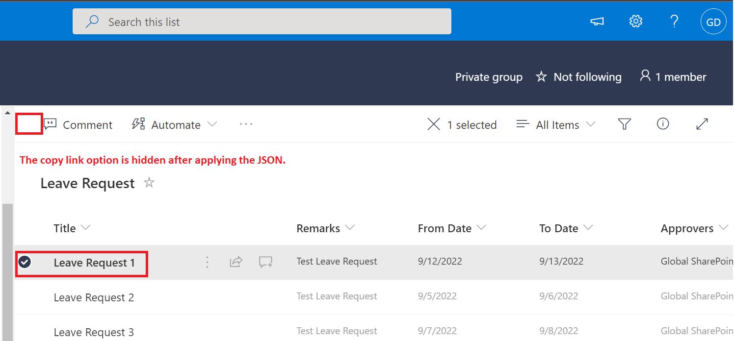 Hide copy link option in SharePoint Online list item using JSON