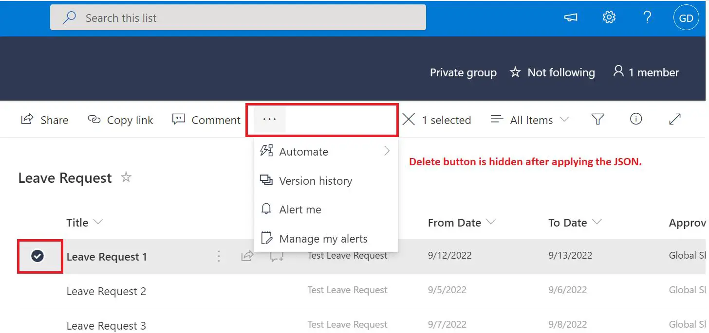 Hide delete button in SharePoint Online list item using JSON