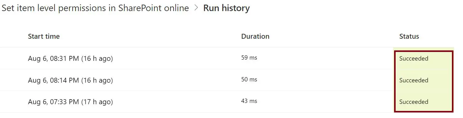 Flow run history -  set Item level permissions in SharePoint Online list using Power Automate