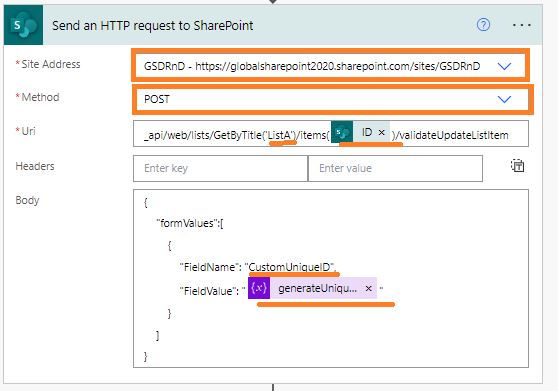 Clone SharePoint list - Send an HTTP request to SharePoint action